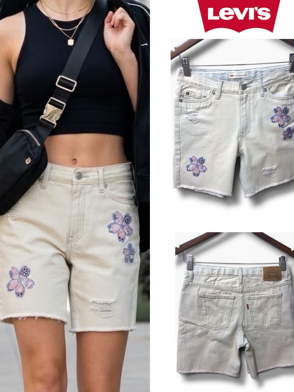 Levi's |NWOT Girl Pink Purple Floral Embroidery Cream Denim Bermuda Shorts (10R)